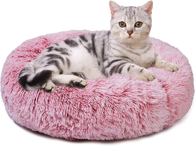 Aurako Cat Bed Dog Bed Round Cushion Pet Bed Mat Ultra Soft Plush Donut Sofa Comfortable Pillow Machine Washable Pet Cuddle Beds for Kitten Small Medium Large Dogs Cats 16" Pink