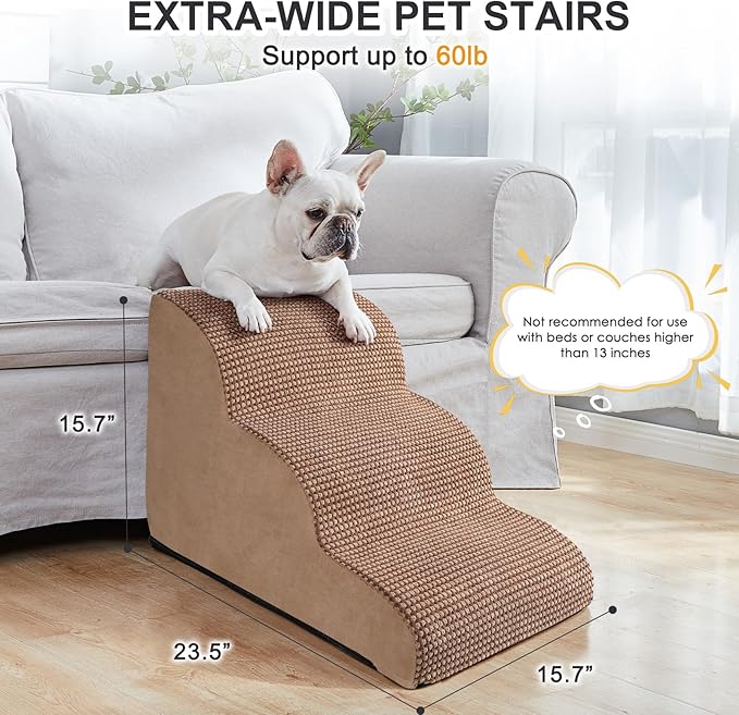 Ryoizen Dog Stairs Ramp for Small Dogs, Pet Stairs Tool for High Bed Couch, Dog Ladder as Puppy Stuff, 3 Tiers Non-Slip Pet Stairs with High Density Foam, Gifts Lint Roller for Dogs, Tan Brown