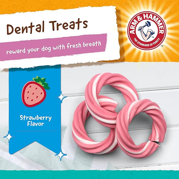 Arm & Hammer for Pets Ringers Dental Treats for Dogs Dog Dental Chews Fight Bad Breath & Tartar Without Brushing Fruity Strawberry Flavor in Dog Treat Bag,Dental Dog Chews(Pack of 24,120 Count)