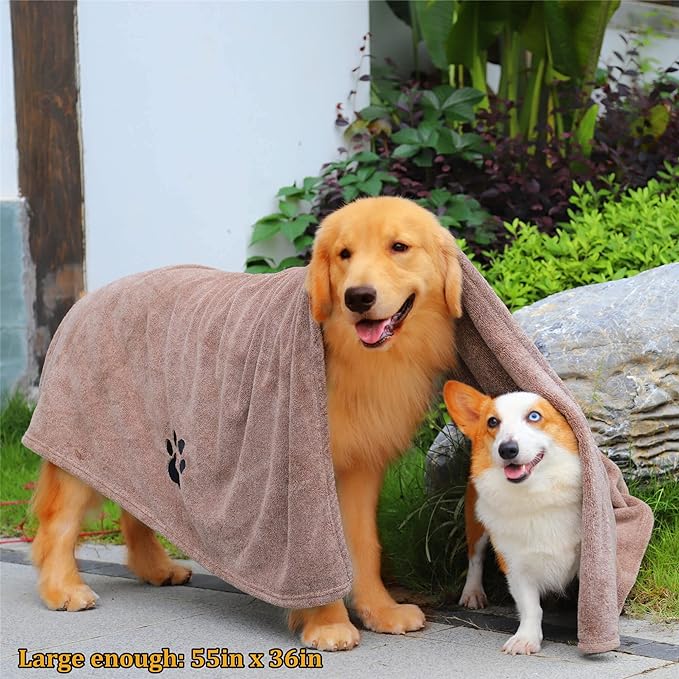 Extra Large Dog Towels for Drying Dogs - Pack of 2 - Super Absorbent Soft Microfiber Pet Bath Grooming Towel for Dogs and Cats & Other Pets (XL-55" * 36", Grey and Brown)