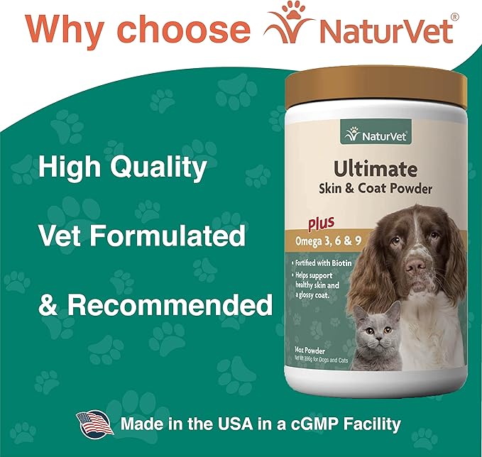 NaturVet Ultimate Skin and Coat Powder Plus Omega 3, 6 and 9 Supplement for Dogs and Cats, Powder, Made in The USA with Globally Source Ingredients 14 Ounce