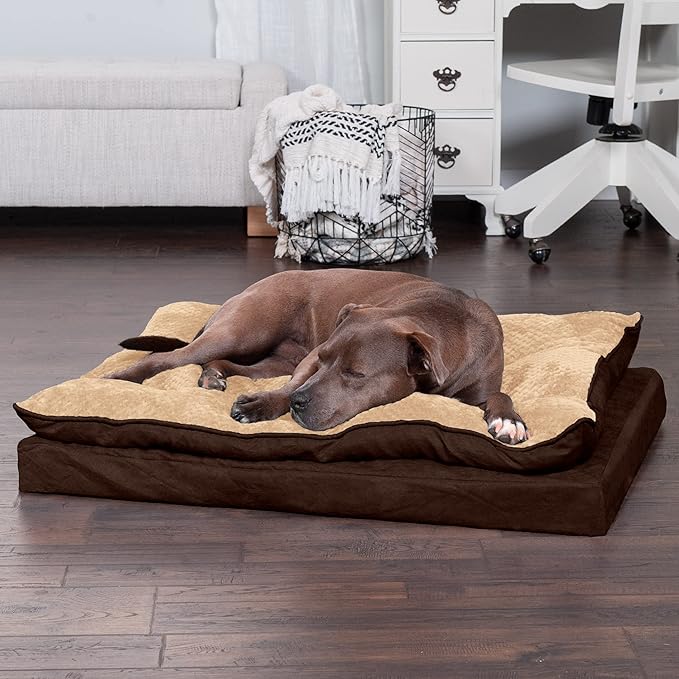 Furhaven Orthopedic Dog Bed for Large/Medium Dogs w/ Pillow Cushion Top & Removable Washable Cover, For Dogs Up to 55 lbs - Minky Plush & Suede Pillow Top Mattress - French Roast, Large