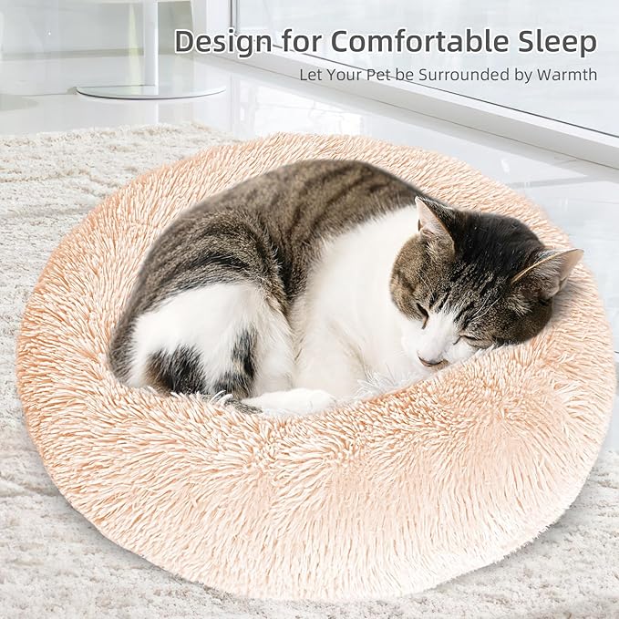 Cat Bed for Indoor Cats,24 Inch Cat Bed & Dog Bed Machine Washable, Fluffy Round Pet Bed Non-Slip, Calming Soft Plush Donut Cuddler Cushion Self Warming for Puppy and Kitten