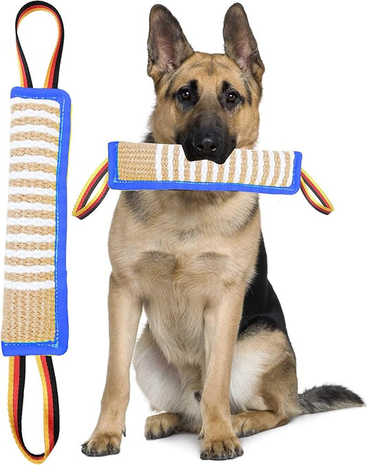 Dog Tug Toy Dog Tough Jute Bite Pillow - Lasting Training Equipment - Two Flag Handles Puppy to Large Dogs Interactive Toy war toys for aggressive chewers.