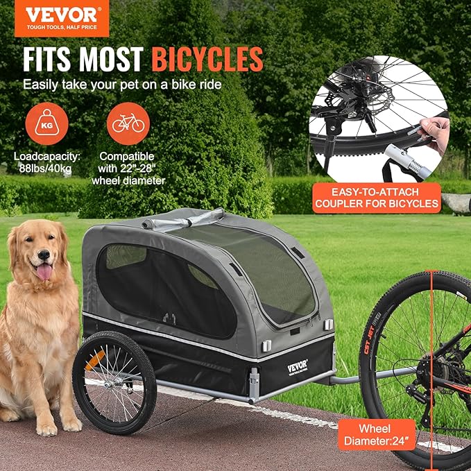 VEVOR Dog Bike Trailer, Supports up to 66/88/100 lbs, Pet Cart Bicycle Carrier, Easy Folding Frame with Quick Release Wheels, Universal Bicycle Coupler, Reflectors, Flag, Collapsible to Store