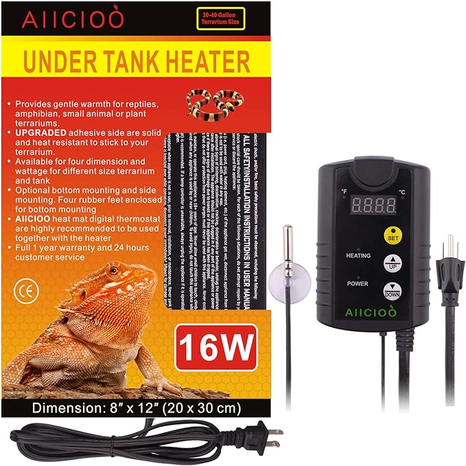 Aiicioo Under Tank Heater Thermostat - Reptile Heating Pad with Temperature Control Reptile Heat Mat for Combo Set for Hermit Crab Lizard Terrarium 16W