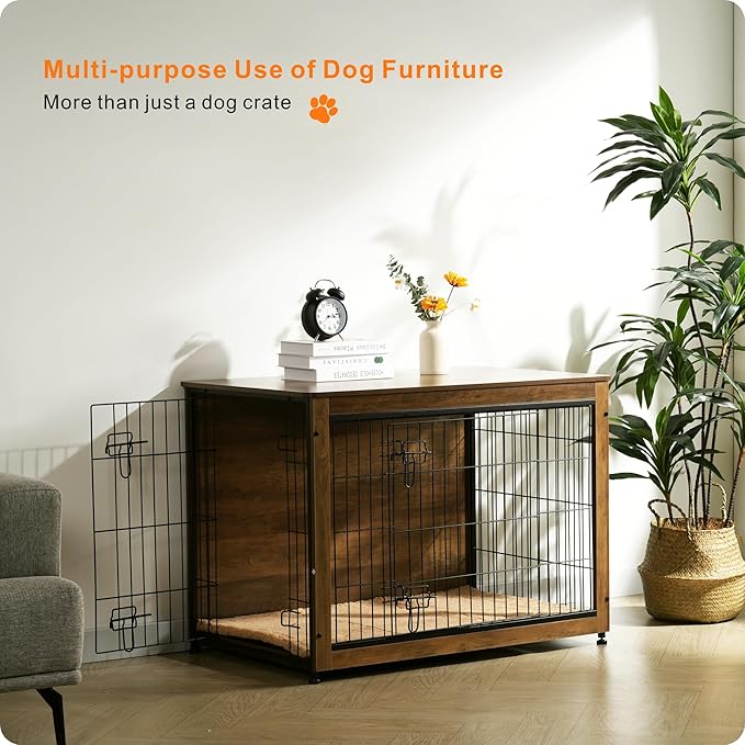 DWANTON Dog Crate Furniture with Cushion, Large Wooden Dog Crate with Double Doors, Dog Furniture, Indoor Dog Kennel, Dog House, Large, 38.5" L, Warm Brown