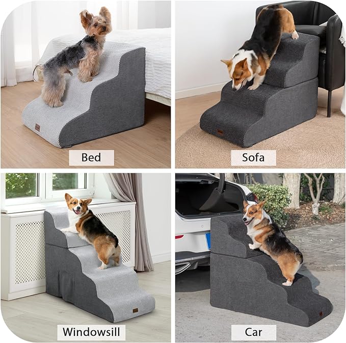 Dog Stairs for Couch Sofa and Chair, 3-Step Dog Steps for Small Dogs and Cats, Non-Slip Indoor Pet Step, Light Grey