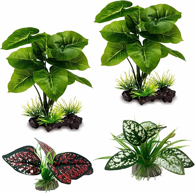 Reptile Artificial Plants, Terrarium Plants Decorations Supplies, Aquarium Fish Tank Plant, Amphibian Habitat Hideout Tank Accessories(M Set-4pcs/D)