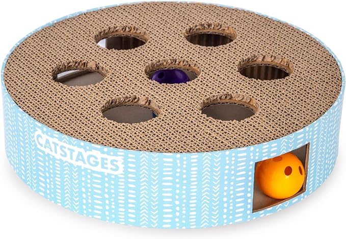 Catstages Scratch N' Hunt Puzzle Cat Toy, Cat Puzzle with Corrugated Scratcher Surface and Three Balls Inside, Blue