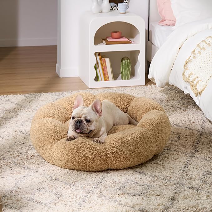Lesure Calming Medium Dog Bed - Flower Donut Round Fluffy Puppy Bed in Plush Teddy Sherpa, Non-Slip Cute Flower Cat Beds for Indoor Cats, Medium Pet Bed Fits up to 45 lbs, Machine Washable, Camel 30"
