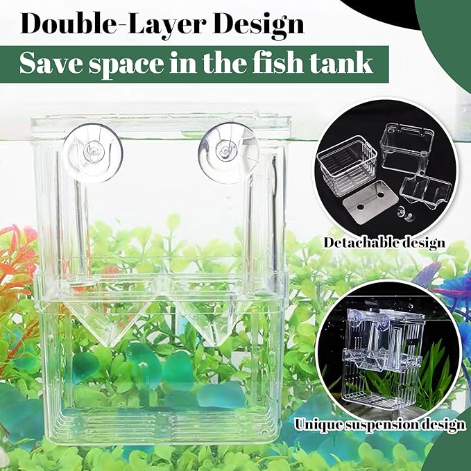 2 Pcs Acrylic Fish Breeding Box Double Layer, Aquarium Breeder Box for Fish Tank Divider, Transparent Fish Isolation Box with Suction Cup Acclimation Hatchery Incubator for Shrimp