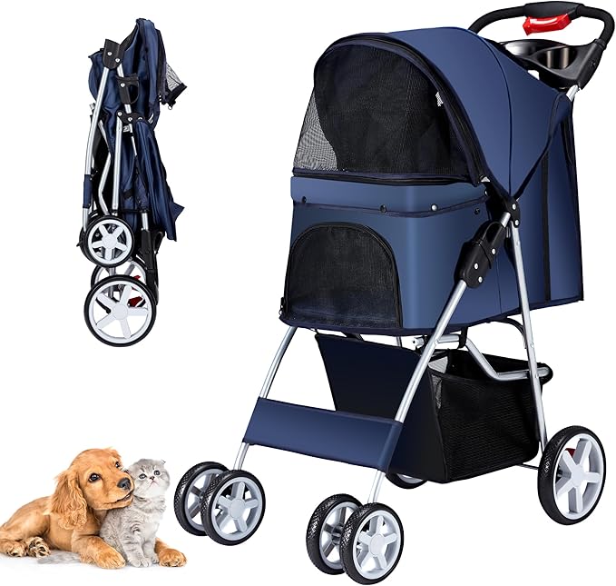 Pet Stroller 4 Wheels Dog Cat Stroller for Medium Small Dogs Cats, Folding Cat Jogger Stroller with Storage Basket & Breathable Mesh, Easy to Walk Travel Carrier, Navy Blue