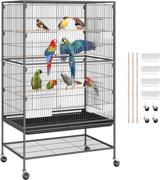 VEVOR 52 Inch Standing Large Bird Cage, Wrought Iron Flight Bird Cage with Rolling Stand and Slide Out Tray, Parakeet Cage Bird Cage for Parrots, Macaw, Cockatiels, Canary, Finch, Lovebirds, Pigeons