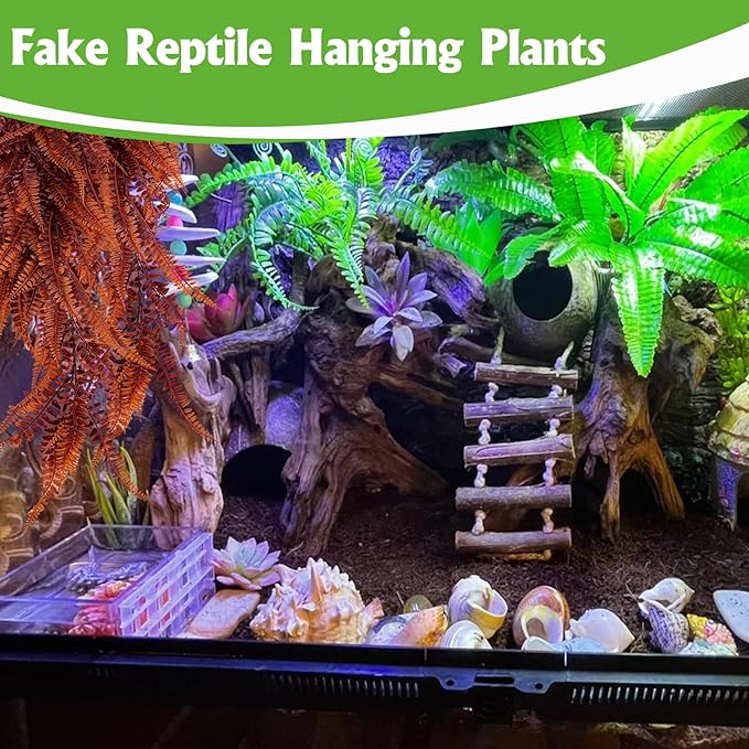 Hamiledyi Reptile Plants 4 PCS Hanging Terrarium Plants Vines with Suction Cup Fake Amphibian Plants for Bearded Dragons,Lizards,Geckos,Snake and Hermit Crab Tank Habitat Decorations 33 inches