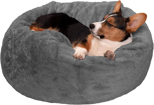 Furhaven Soft & Cozy Dog Bed for Medium/Small Dogs, Refillable w/ Removable Washable Cover & Liner, For Dogs Up to 35 lbs - Plush Faux Fur Bean Bag Style Ball Bed - Gray Mist, Medium