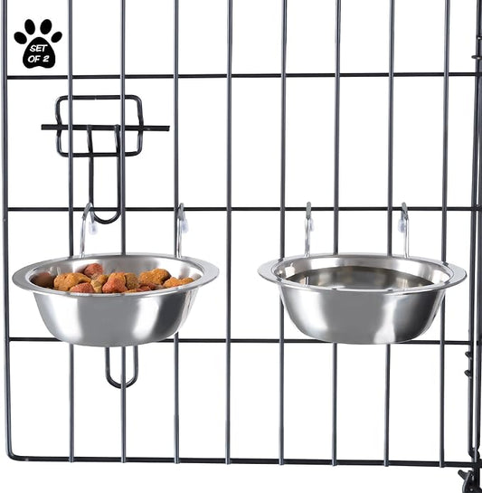 Set of 2 Stainless-Steel Dog Bowls - Cage, Kennel, and Crate Hanging Pet Bowls for Food and Water - 8oz Each and Dishwasher Safe by PETMAKER, Silver