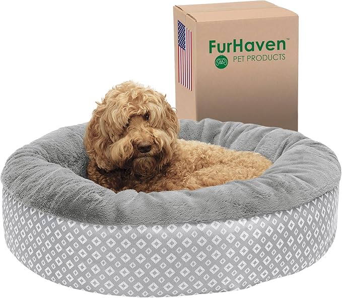 Furhaven Dog Plush Donut Bed, 36' Round, Gray, Large, 75 lbs Capacity, Recycled Fill, Removable Cover