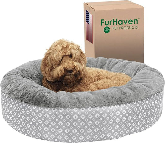 Furhaven Dog Plush Donut Bed, 36' Round, Gray, Large, 75 lbs Capacity, Recycled Fill, Removable Cover