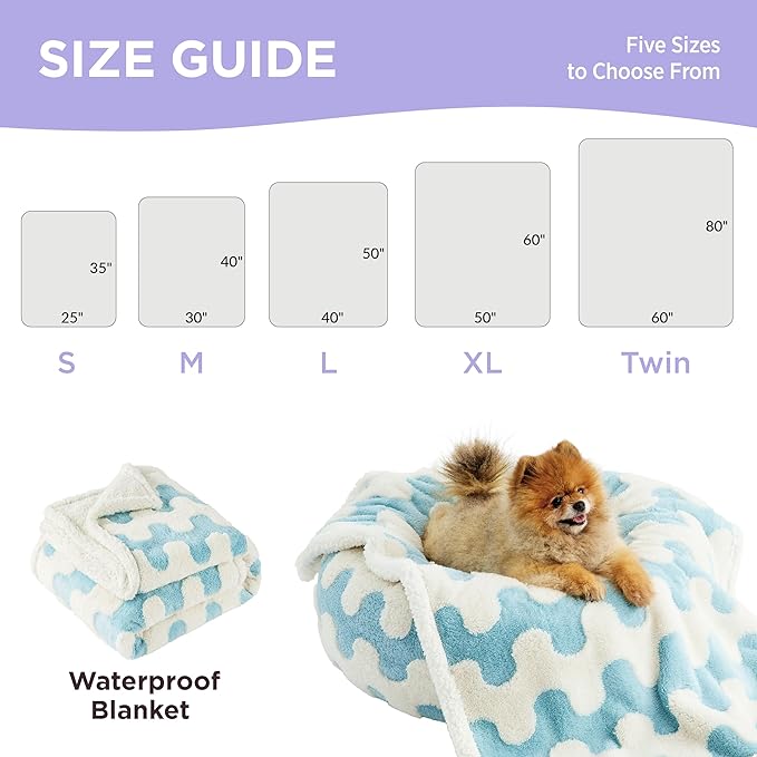 Lesure Waterproof Dog Blanket for Medium Dogs - Washable Double Sided Dog Blankets with Warm Jacquard Shag and Soft Sherpa Fleece, Pet Cat blanket for Couch Protection, 3D Textured Wave, Blue