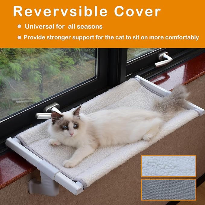 Cat Window Perch No Screws Easy to Adjust & Assemble with Reversible Washable Cover,Heavy Duty Metal Frame Cat Hammock Bed Seat Shelf for Windowsill,Ledge,Bedside for Large Cats and Kittens