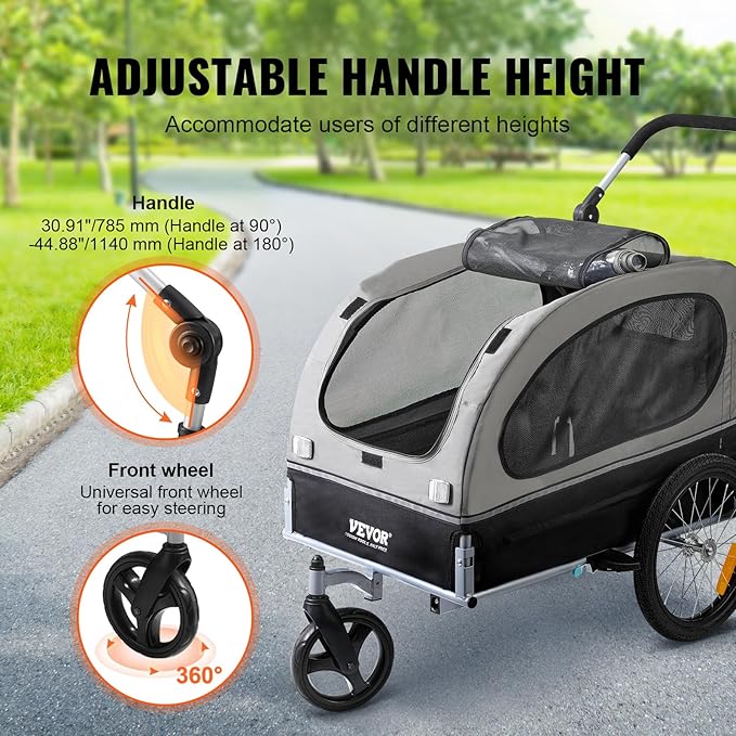 VEVOR Dog Bike Trailer, Supports up to 88 lbs, 2-in-1 Pet Stroller Cart Bicycle Carrier, Easy Folding Cart Frame with Quick Release Wheels, Universal Bicycle Coupler, Reflectors, Flag, Black/Gray