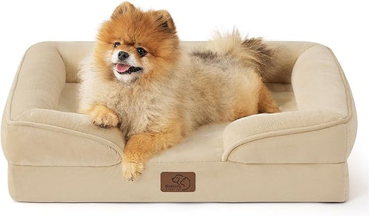 Bedsure Small Orthopedic Dog Bed - Washable Bolster Dog Sofa Beds for Small Dogs, Supportive Foam Pet Couch Bed with Removable Washable Cover, Waterproof Lining and Nonskid Bottom Couch, Light Khaki