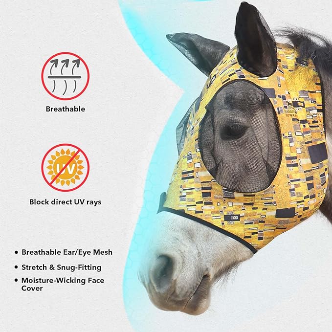 Harrison Howard Super Comfort Stretchy Fly Mask Large Eye Space with UV Protection Soft on Skin with Breathability Golden Shape L