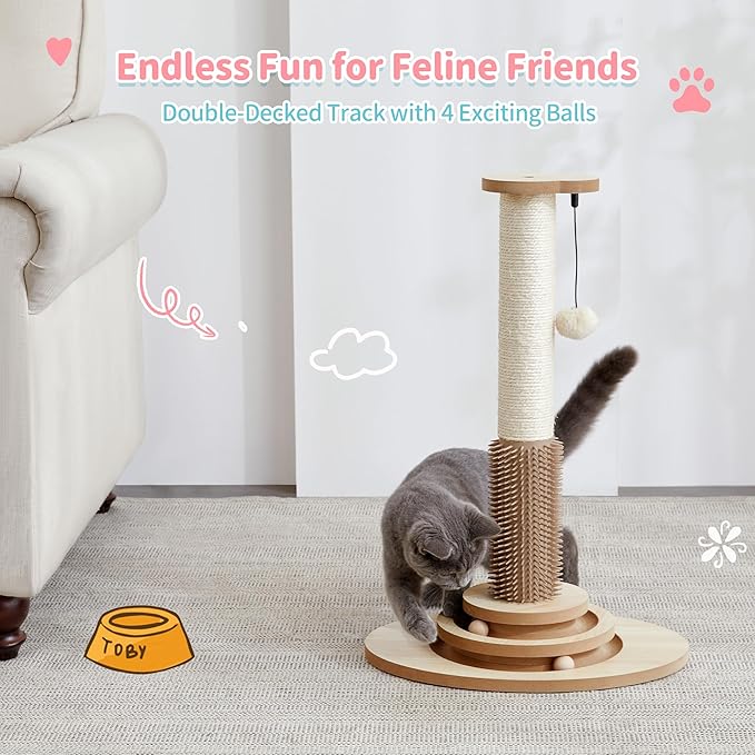 Made4Pets Cat Scratching Post, 23" Tall Sisal Scratcher Post with Cat Self Groomer, 4-in-1 Interactive Trackball Toys with Cat Hair Brush, Vertical Cat Climbing Tree with Dangling Plush Balls