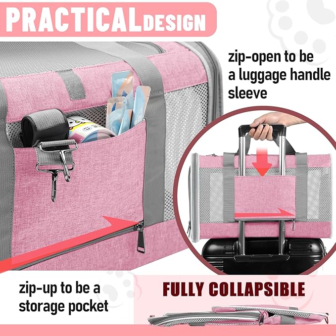 Top Open Pet Carrier Big Maine-Coon Cat 17 lbs, Ventilated Cloth Travel Kitty Soft Sturdy Carrying Crate Vet Visit, Toy-Breed Dod Carry Bag Puppy 10lbs, Pet Cages Chihuahuas Mini Dog Needs Pink