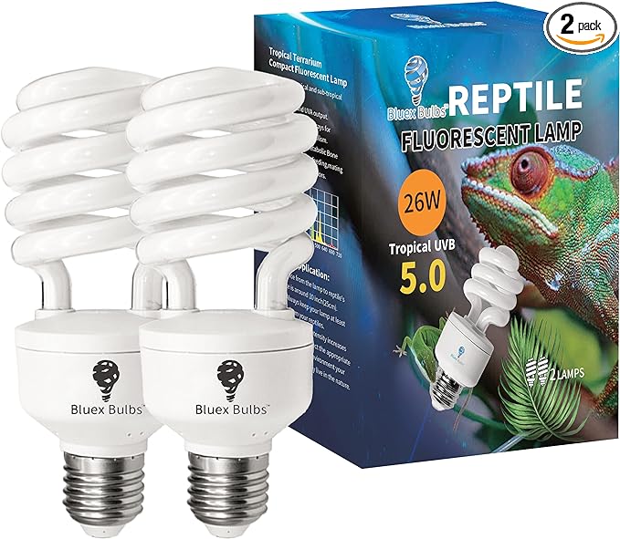 2 Pack 23-Watt Reptile Bulb Tropical UVA UVB Light - 5.0 UVB Reptile Light Compact Florescent Terrarium Bulb Suitable for Tropical & Sub-Tropical Reptiles Chameleons Reptile CFL UVB Bulb (23 Watt 5.0)