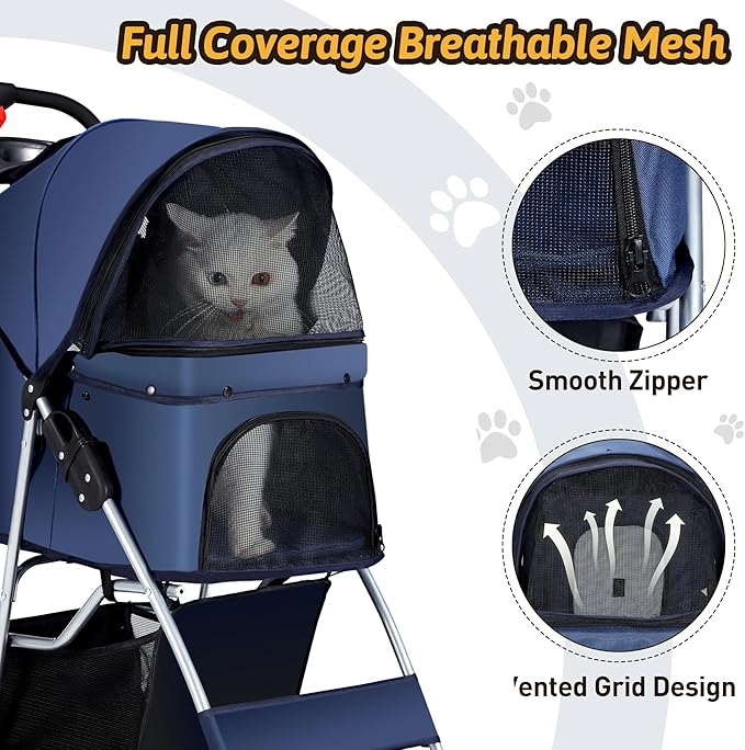 Pet Stroller 4 Wheels Dog Cat Stroller for Medium Small Dogs Cats, Folding Cat Jogger Stroller with Storage Basket & Breathable Mesh, Easy to Walk Travel Carrier, Navy Blue