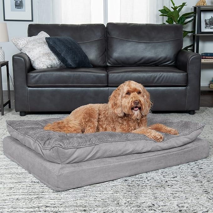 Furhaven Orthopedic Dog Bed for Large Dogs w/ Pillow Cushion Top & Removable Washable Cover, For Dogs Up to 95 lbs - Minky Plush & Suede Pillow Top Mattress - Titanium Gray, Jumbo/XL