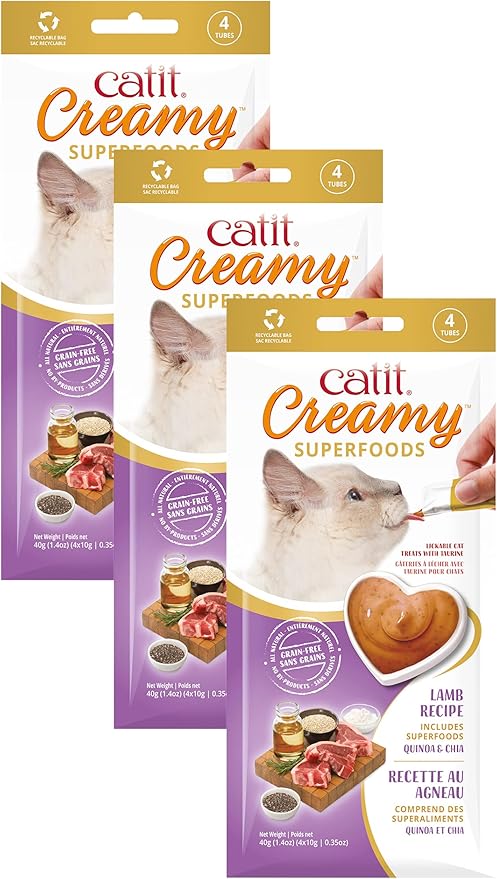 Catit Creamy Superfood Lickable Cat Treat – Hydrating and Healthy Treat for Cats of All Ages - Lamb with Quinoa & Chia, 12-Pack