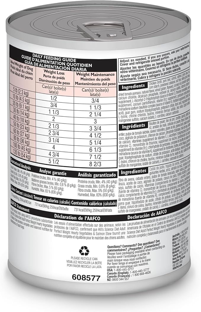 Hill's Science Diet Perfect Weight, Adult 1-6, Weight Management Support, Wet Dog Food, Salmon & Vegetables Stew, 12.5 oz Can, Case of 12