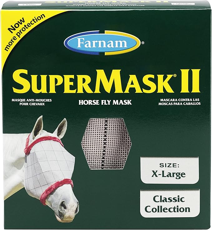 Farnam SuperMask II Fly Mask Without Ears for Larger Horses, Full Face Coverage and Eye Protection from Insect Pests, Structured Classic Styling Mesh with Plush Trim, XL Size