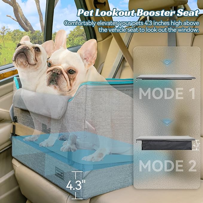 PETSFIT Dog Booster Car Seat, Dog Car Seat for Medium Dogs with 2 Clip-On Safety Leashes, Patented Buckles, Pet Car Seat with Big Pockets for Pets Under 45Lbs (Medium, Grey)