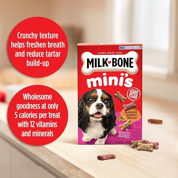 Milk-Bone Mini's Peanut Butter Flavor Dog Treats for All Size Dogs, 15 Ounce (Pack of 6), Crunchy Texture Helps Freshen Breath