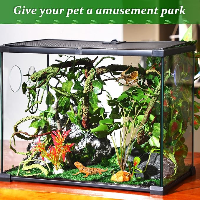 9 Pieces Reptile Jungle Vines Decor Set Include Bendable Flexible Climbing Plastic Plants with Suction Cups Tank Accessories Habitat Decor for Gecko, Snake, Hermit Crab