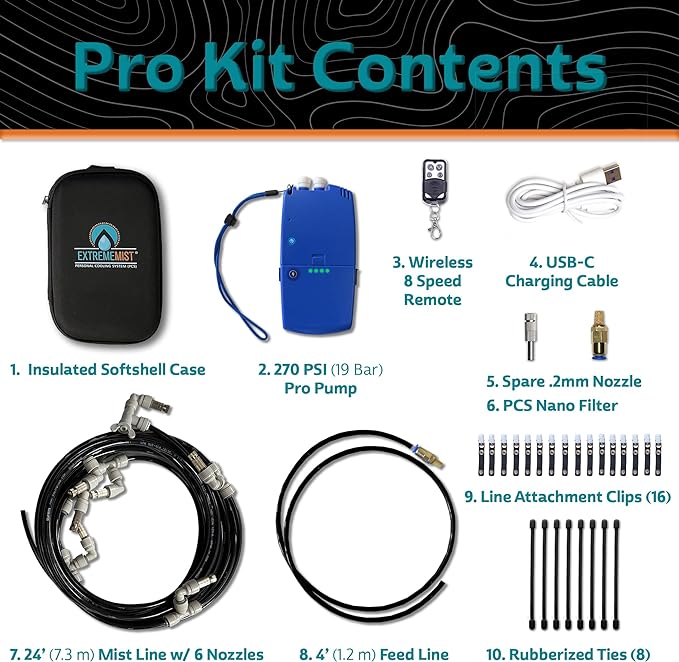 Extreme MIST Portable Misting System Pro Kit - 6 Mist Nozzles & Pro Pump | Easy to Setup | 24 ft. Mist Line for Outdoor Patios, Golf Carts, Greenhouses, Canopy, Decks & More - Cools the air up to 30°F