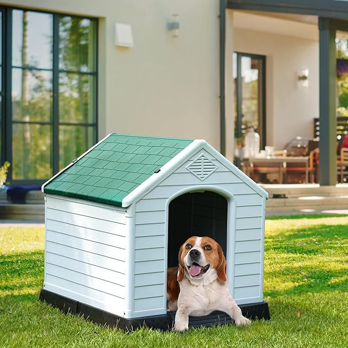 YITAHOME 28.5'' Plastic Dog House Outdoor Indoor Doghouse Puppy Shelter Water Resistant Easy Assembly Sturdy Dog Kennel with Air Vents and Elevated Floor (28.5''L*26''W*28''H, Green)