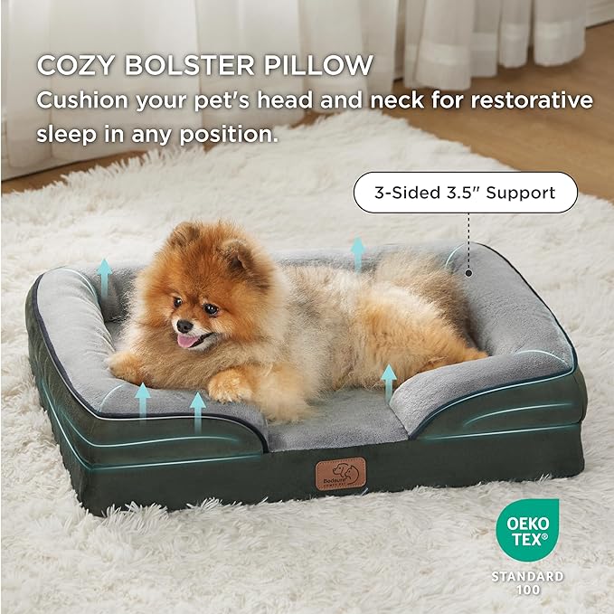 Bedsure Small Orthopedic Dog Bed - Washable Bolster Dog Sofa Beds for Small Dogs, Supportive Foam Pet Couch Bed with Removable Washable Cover, Waterproof Lining and Nonskid Bottom Couch, Dark Green