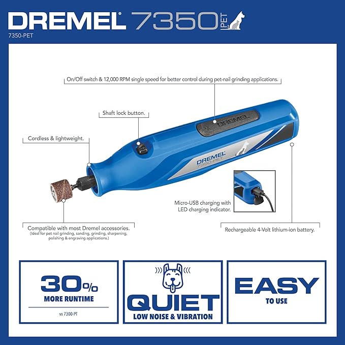 Dremel 7350-PET 4V Pet & Dog Nail Grinder, Easy-To-Use & Safe Nail Trimmer, Professional Pet Grooming Kit - Works on Large, Medium, Small Dogs & Cats