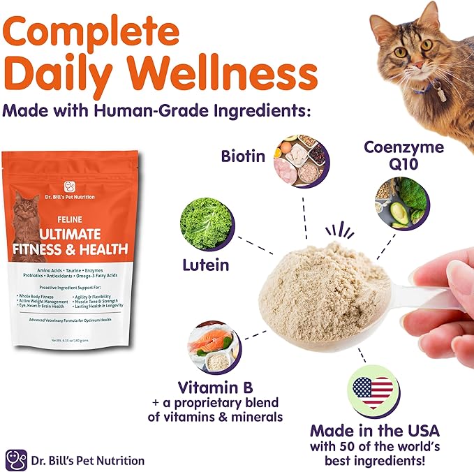 Dr. Bill’s Feline Ultimate Fitness & Health | Powder Cat Vitamins and Supplements | Includes Coenzyme Q-10, Vitamin E, Vitamin D-3, Biotin, Folic Acid, Hyaluronic Acid - Cat Nutritional Supplement