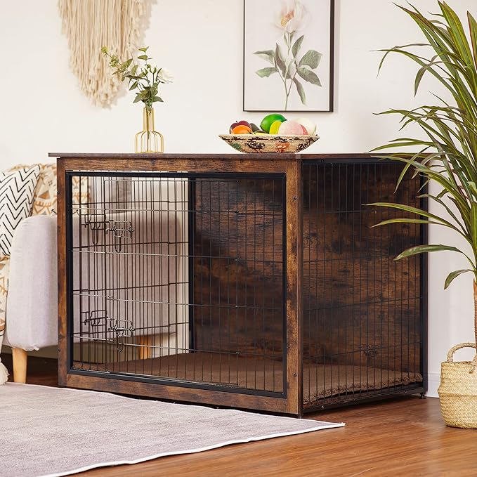 DWANTON Dog Crate Furniture with Cushion, XL Wooden Dog Crate with Double Doors, Large Dog Crate Furniture, Dog Kennel Indoor, Extra Large, 43.3" L, Rustic Brown