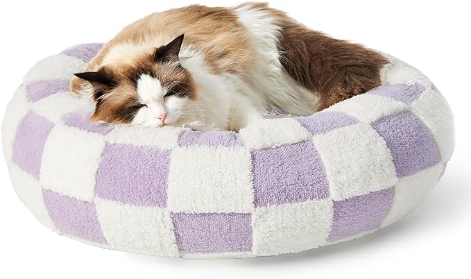 Lesure Cat Beds for Indoor Cats - Round Cat Bed Donut Small Dog Bed Calming Pet Beds, Cute Modern Beds with Jacquard Shaggy Plush & Anti Slip Bottom, 20 Inch, Purple