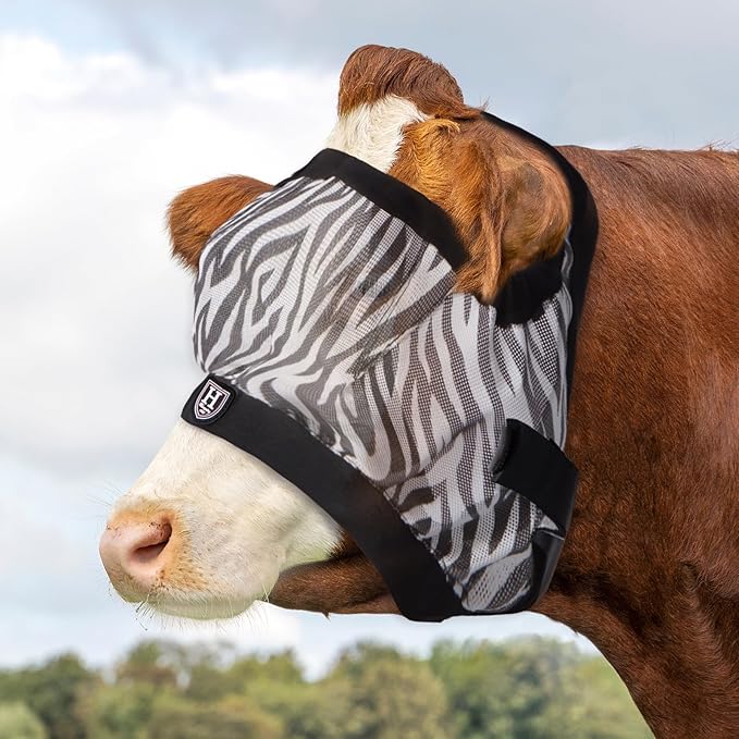 Harrison Howard Cattle Livestock Fly Mask Breathable Mesh Padded Edging with Fun Patterns Large Spacing Forelock Opening Design Adjustable Fit for Cattle Zebra