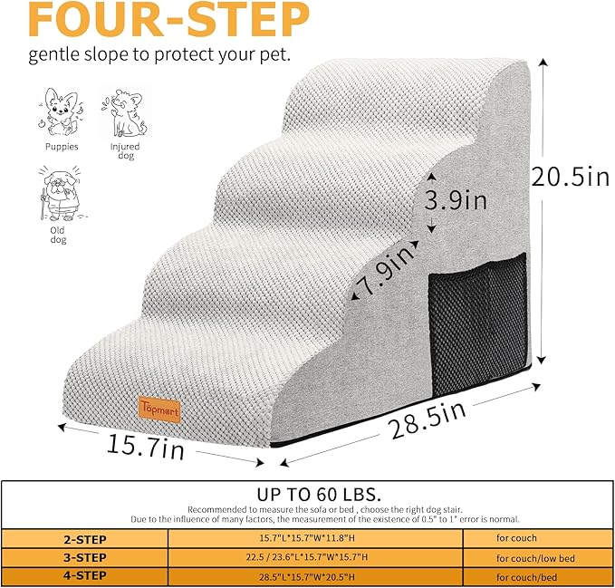 Topmart High Density Foam Dog Steps 4 Tiers,Extra Wide Deep Pet Steps,Non-Slip Pet Stairs,Dog Ramp for Bed,Soft Foam Dog Ladder,Best for Older Dogs Injured,Older Pets,Cats with Joint Pain