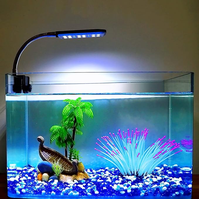 Aquarium Light Clip on Fish Tank Lighting Small Fish Light for Rimless Fish Tanks, White and Blue LEDs