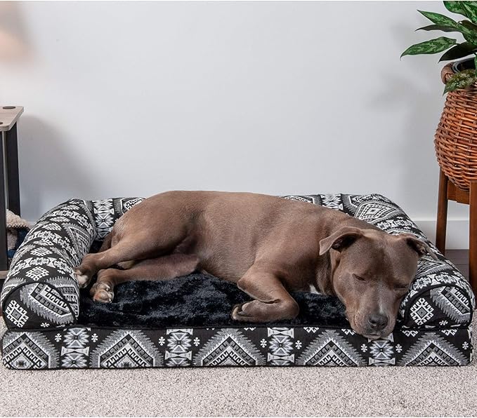 Furhaven Orthopedic Dog Bed for Large/Medium Dogs w/ Removable Bolsters & Washable Cover, For Dogs Up to 55 lbs - Plush & Southwest Kilim Woven Decor Sofa - Black Medallion, Large